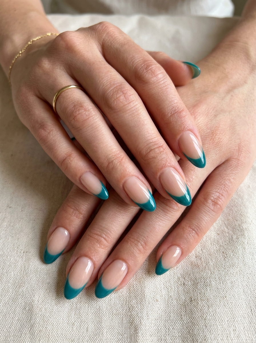 Teal French Nails mit kräftigen teal-farbenen French Tips